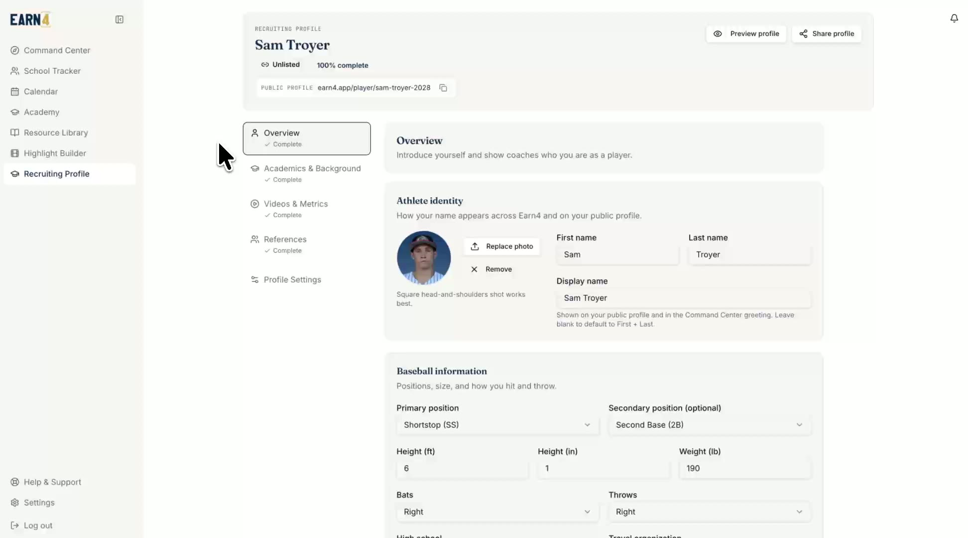 An Earn4 recruiting profile with video, metrics, academics, teams, and references